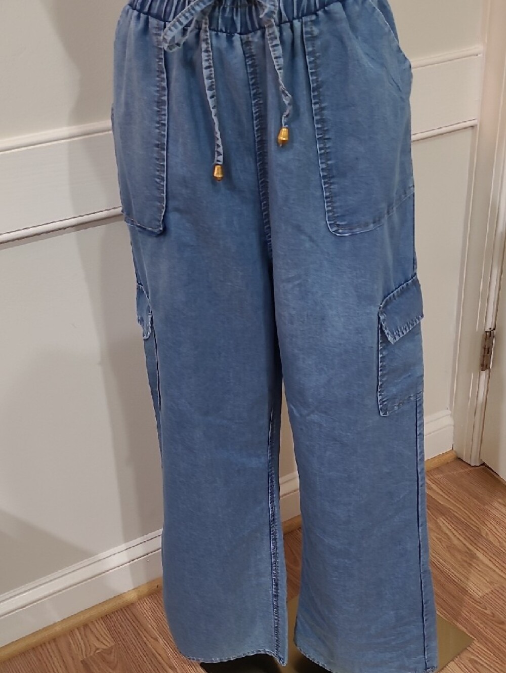 Charlotte Russe Blue Strapless Elastic-Waist Denim Cargo Jeans Jumpsuit - Size M - Picture 3 of 9